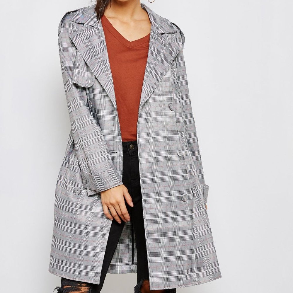 Forever 21 Grey Plaid Trench Coat